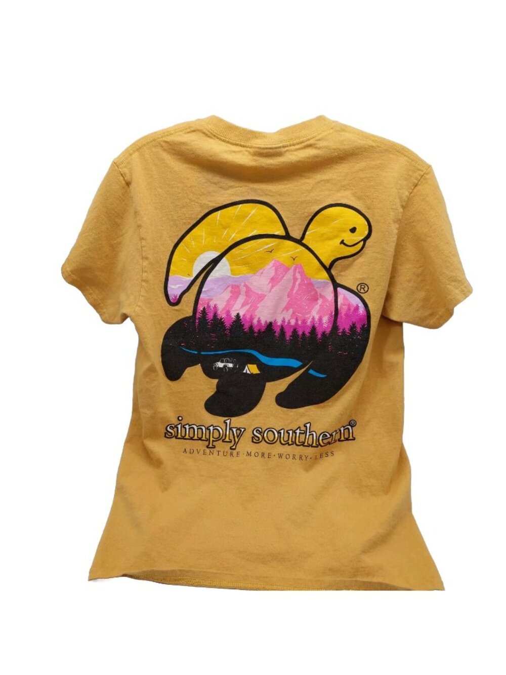 Simply Southern Tee Shirt Dark Yellow Turtle Mountains Camping Size Small